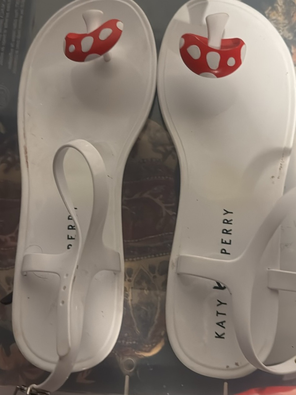 Katy Perry Collections White Jelly T-Strap Sandals with Red Mushroom Accent